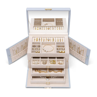 Vlando Lockable Jewelry Box Organizer with Key, 3-Tiered Storage Tray for Necklaces Earrings Rings Bracket Accessories Storage Display, Full HD-Mirror, Haze Blue