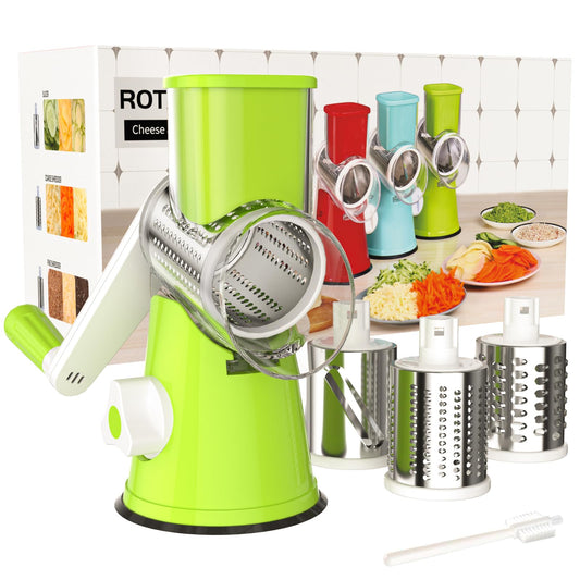 Cambom Rotary Cheese Grater Hand Crank Cheese Shredder for Fresh Cheese, Vegetable, Nuts,Non-slip Suction Base, Free Cleaning Brush Three Blades, Green