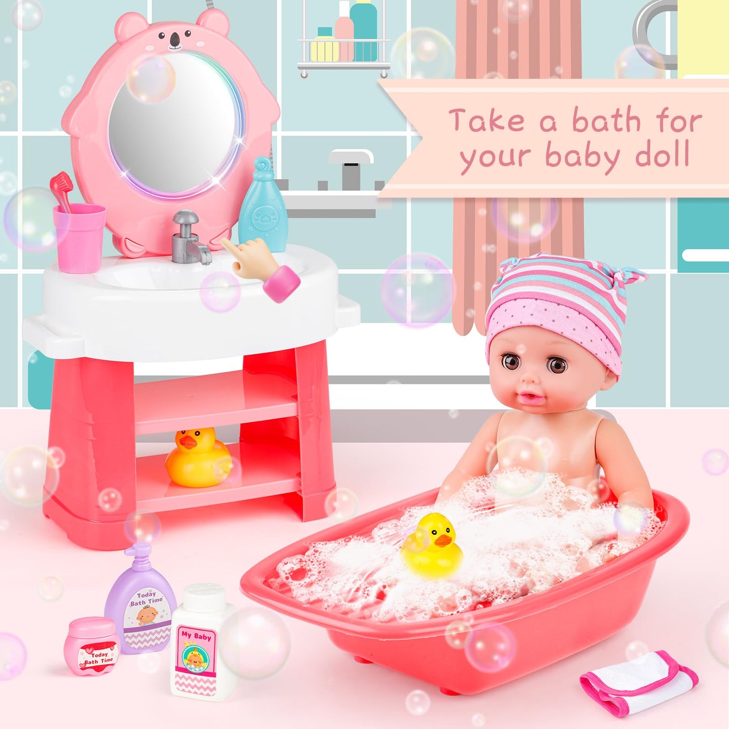 deAO 12 Inch Baby Doll Set 26 PCS Doll Playset with Bathroom Sink,Toilet,Bathtub and Accessories,Pretend Play Doll Toys with Sound and Light for 3 4 5 6 7 8 Years Old Kids Girls Boys