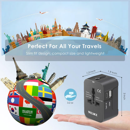 Travel Adapter Worldwide, International Power Adapter Universal Adapter Plug Converter Wall Type-C Charger Global Adaptor VELIKE AC Power Plug with USB C Charging Ports for USA Europe EU UK AUS