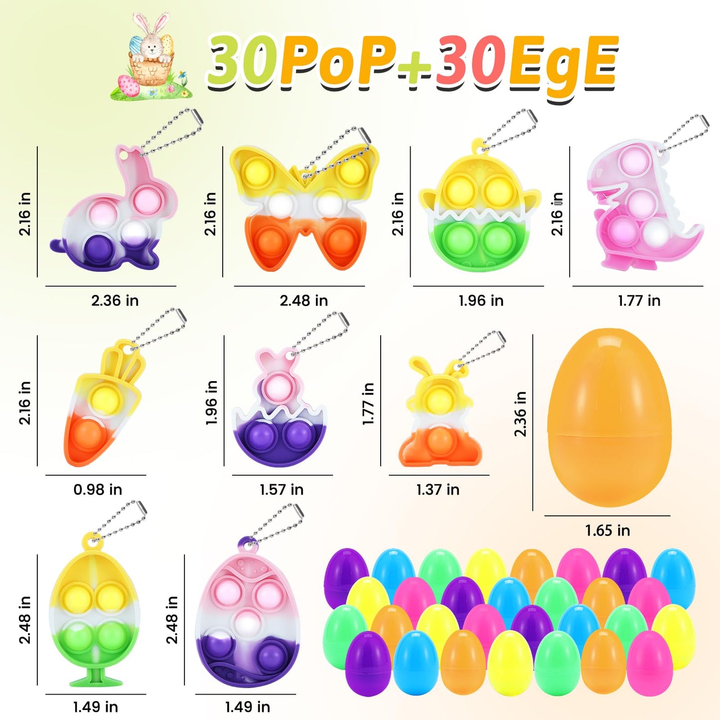 30 PCS Pop Easter Basket Stuffers for Kids Easter Egg Fillers Easter Party Favors Mini Pop Fidget Keychain Its Bulk Small Goodie Bags Stuffers for Toddler Boys Girls Prefilled Easter Eggs with Toys It