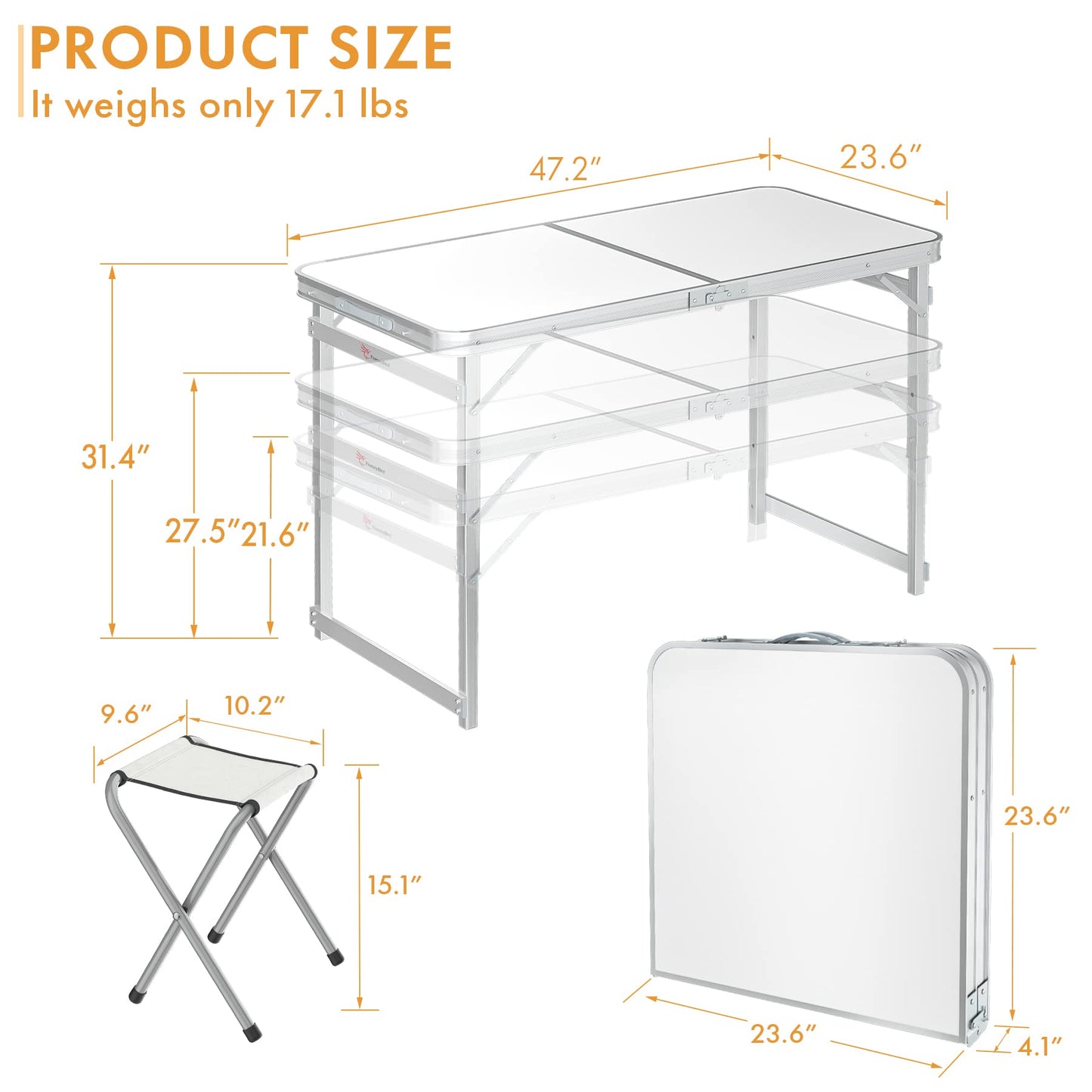 FrenzyBird Folding Picnic Table with 4 Stools, Aluminum Table Oxford Mat Chair Set, Portable Lightweight and Heights Adjustable for Outdoor Camping Dining BBQ Party 47.2×23.6 Inch