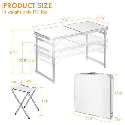 FrenzyBird Folding Picnic Table with 4 Stools, Aluminum Table Oxford Mat Chair Set, Portable Lightweight and Heights Adjustable for Outdoor Camping Dining BBQ Party 47.2×23.6 Inch
