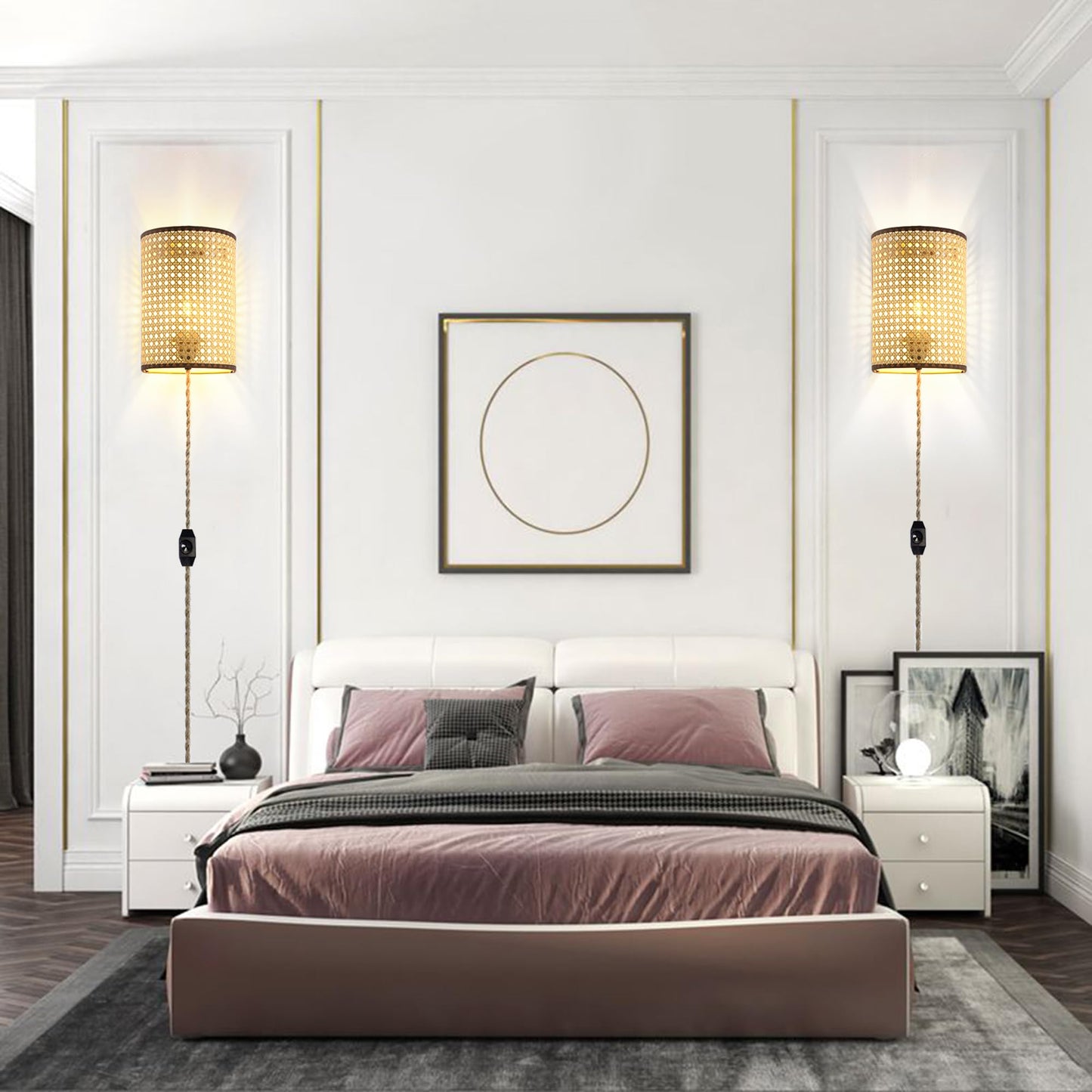 XININSUN Wall Sconces Set of Two, Plug in Wall Sconces,Rattan Lampshade,Wall Lamp with Plug in Cord and Dimmable Switch,Wall Lights Fixtures for Bedroom Living Room Hallway.