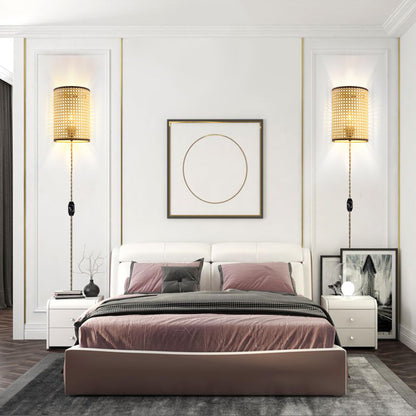 XININSUN Wall Sconces Set of Two, Plug in Wall Sconces,Rattan Lampshade,Wall Lamp with Plug in Cord and Dimmable Switch,Wall Lights Fixtures for Bedroom Living Room Hallway.