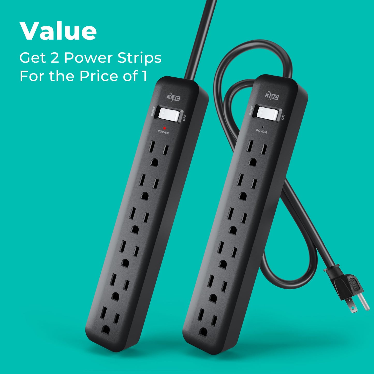 KMC 6-Outlet Power Strip, 2-Pack, 2-Foot Short Extension Cord with Multiple Outlets, 6 AC Power Outlet Power Bar, 2pk Power Strips, Black