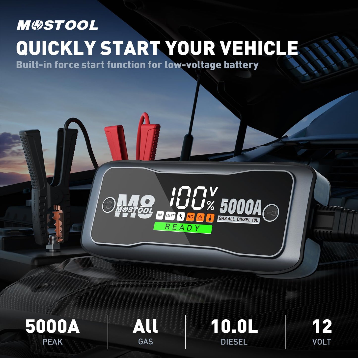 MOSTOOL M8 Jump Starter,5000A Peak Car Battery Jump Starter 24000mAh Capacity with LCD Display,12V Jump Box Pack Portable for Up to All Gas and 10L Diesel Engines,Battery Booster with USB QC3.0 PD 60W