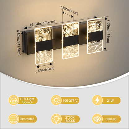 NADOSA Modern LED Bathroom Light Fixtures 3-Light Black Vanitys Light, 5CCT Adjustable Lighting Fixture Vanity Lights Over Mirror, Smoked Acrylic LED Vanity Lights for Bathroom