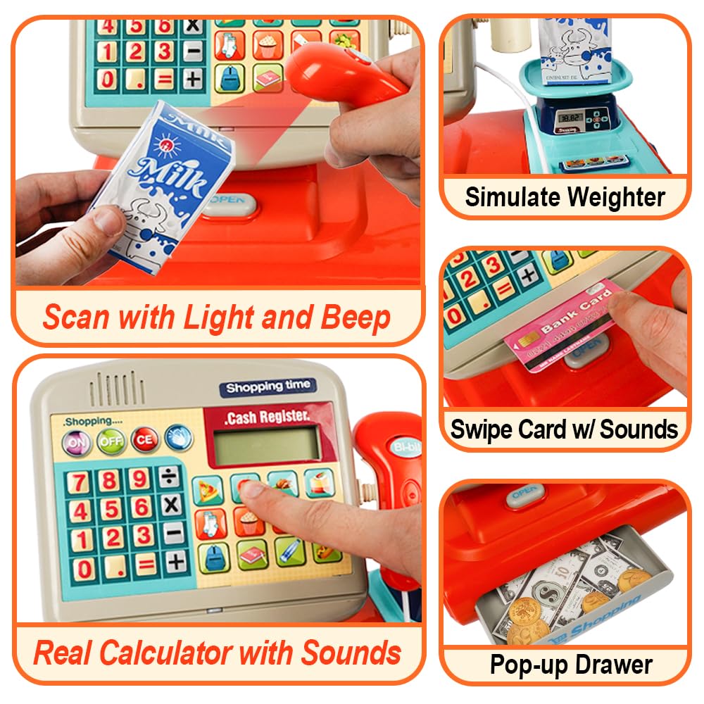 XINGYING Toy Cash Register for Kids, Pretend Play Store w/ Sounds & Real Calculator & Simulate Weighter, Kids Cash Register with Scanner and Credit Card Play Food Money for Boys Girls Ages 3 4 5 6 7+