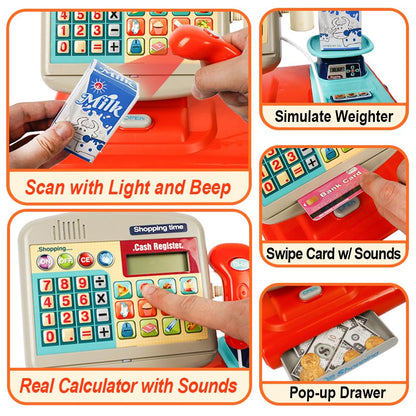XINGYING Toy Cash Register for Kids, Pretend Play Store w/ Sounds & Real Calculator & Simulate Weighter, Kids Cash Register with Scanner and Credit Card Play Food Money for Boys Girls Ages 3 4 5 6 7+