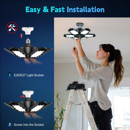 Myteaworld 2 Pack Motion Sensor Garage Light, 15000LM Ultra LED Shop Light Motion Activated, 6500K Daylight, 150W Deformable Garage Lighting for Attic, Workshop, Laundry Room, Basement(E26/E27 Screw)