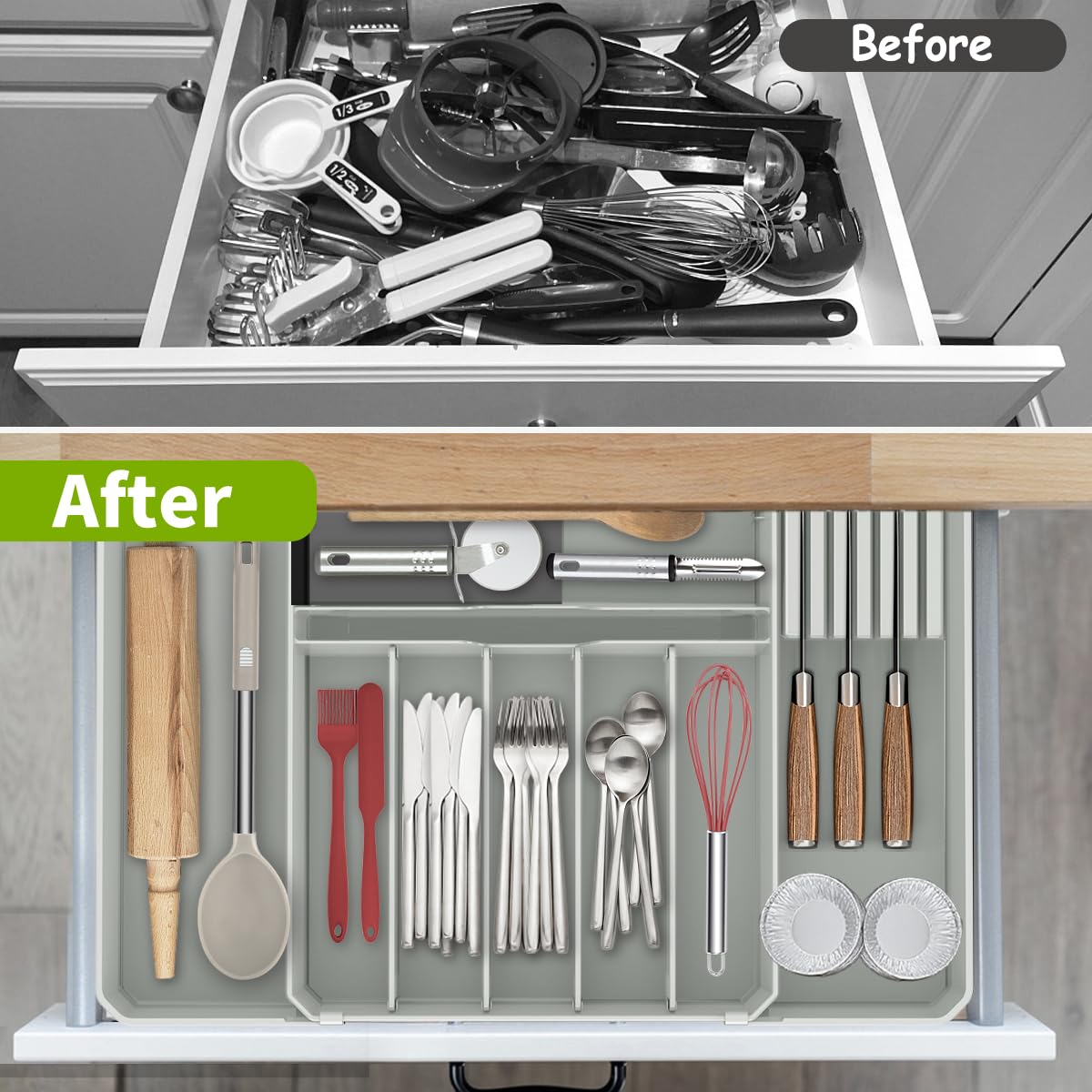 fifame Silverware Drawer Organizer, Expandable Kitchen Utensil Organizer, Larger Capacity Flatware and Cutlery Tray, Multi-Purpose Drawer Storage for Kitchen, Dressing Table, Office, Bathroom, (Grey)