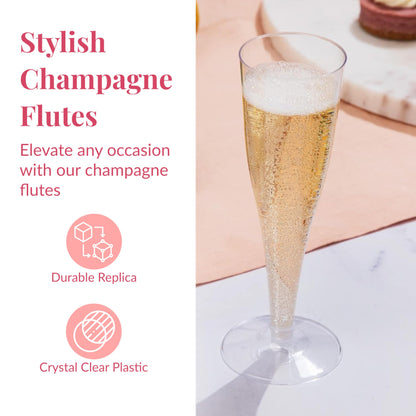 Prestee 100 Plastic Champagne Flutes - Disposable 4.5 oz Champagne Glasses for Weddings, Parties, and Toasting - Elegant Flutes for Mimosas and Cocktails - Clear Plastic Champagne Flutes