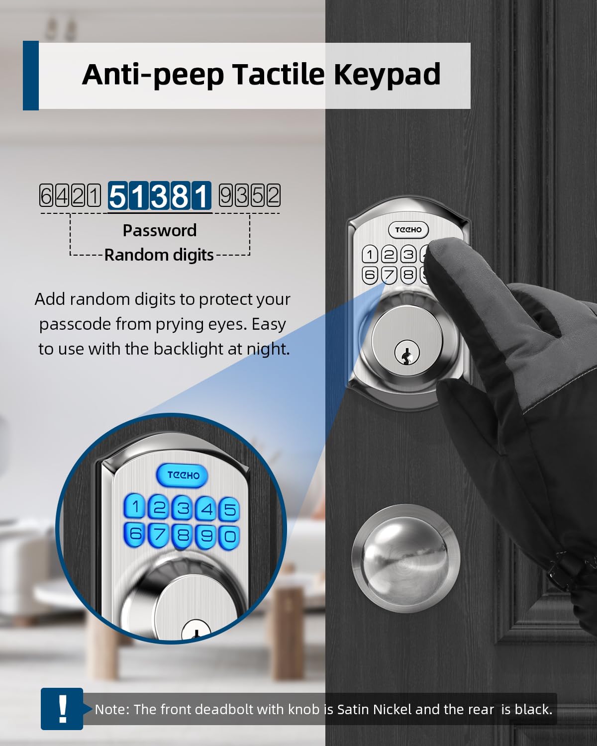 TEEHO TE001K Keyless Entry Door Lock with Handle - Electronic Keypad Deadbolt with Door Knob - Deadbolt Smart Lock for Front Door - Auto Lock - Easy Installation - Satin Nickel