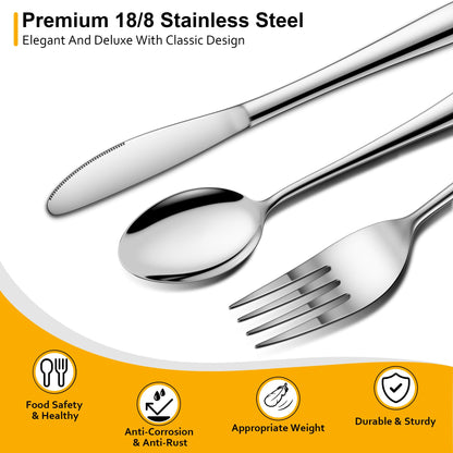 Velaze 48 Pcs Silverware Set for 8 with Steak Knives, Stainless Steel Flatware Set, Mirror Polished Cutlery Sets, Forks Spoons and Knives Set, Home Kitchen Eating Tableware Set, Dishwasher Safe