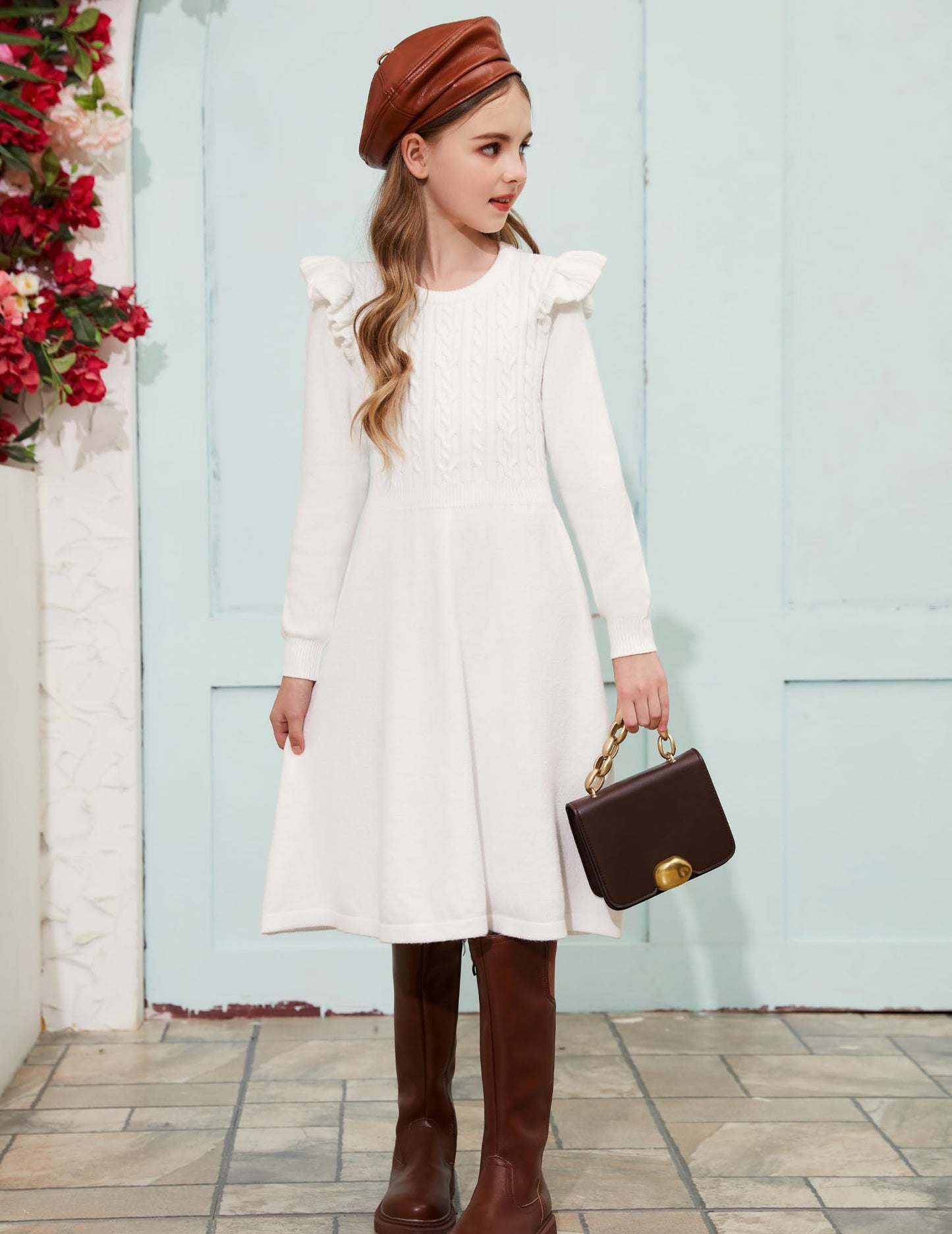 Arshiner Girls White Dress Sweater Winter Flutter Long Sleeve Pullover Formal Outfits Size 10-12