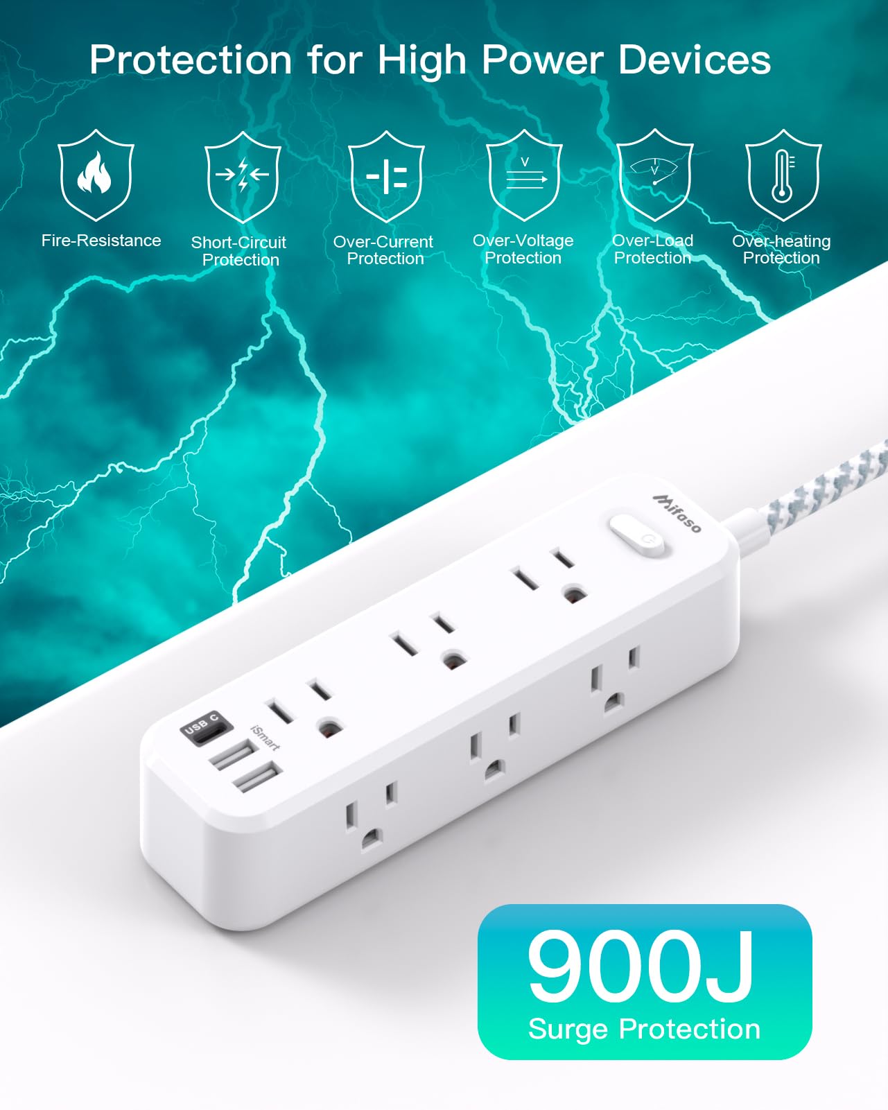 Surge Protector Power Strip, Braided Extension Cord with 9 AC Outlets 2 USB-A 1 USB-C Ports, 5ft Flat Plug Outlet Extension, 3 Sided Desktop Charging Station for Home,Office, Dorm, Travel, 900J