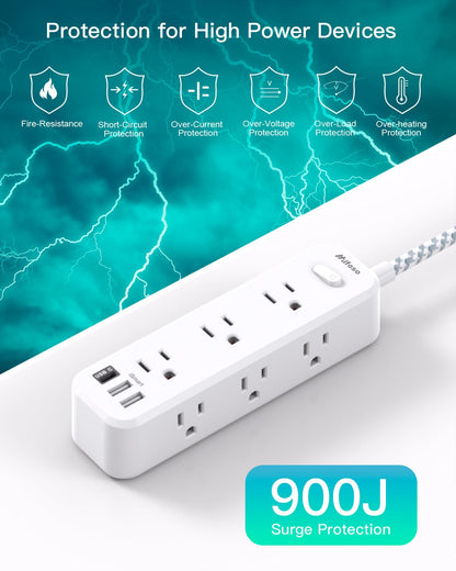Surge Protector Power Strip, Braided Extension Cord with 9 AC Outlets 2 USB-A 1 USB-C Ports, 5ft Flat Plug Outlet Extension, 3 Sided Desktop Charging Station for Home,Office, Dorm, Travel, 900J