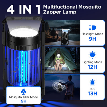 Solar Bug Zapper Outdoor Indoor, Mosquito Zapper with Large-Capacity 5000mAh Battery, 4 in 1 Insect Fly Zapper with Spotlights, Rechargeable & Cordless for Camping, Fishing, Patio, Home Black