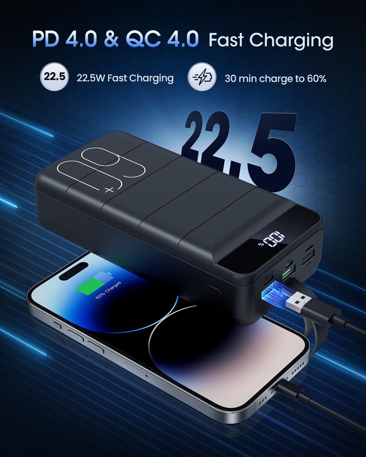 Portable Charger 60000mAh Power Bank - 22.5W Fast Charging External Battery Pack, LED Display USB C Portable Cell Phone Charger for iPhone 15/14/13 Pro, Android, Samsung Galaxy, Etc