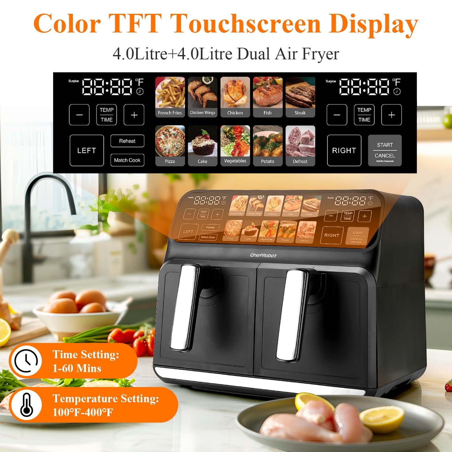 ChefRobot 8QT Dual Air Fryer with TFT Screen