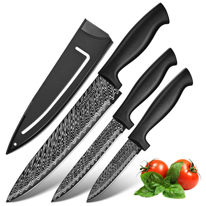 Gourmetop Chef Knife Set with Cover, Black Kitchen Knife Set for Cooking 3 Pcs, Stainless Steel Small Kitchen Knives Set with Sheath, 8'' Chef Knife, 5'' Utility, 3.5'' Paring, Sharp Cutting Knives