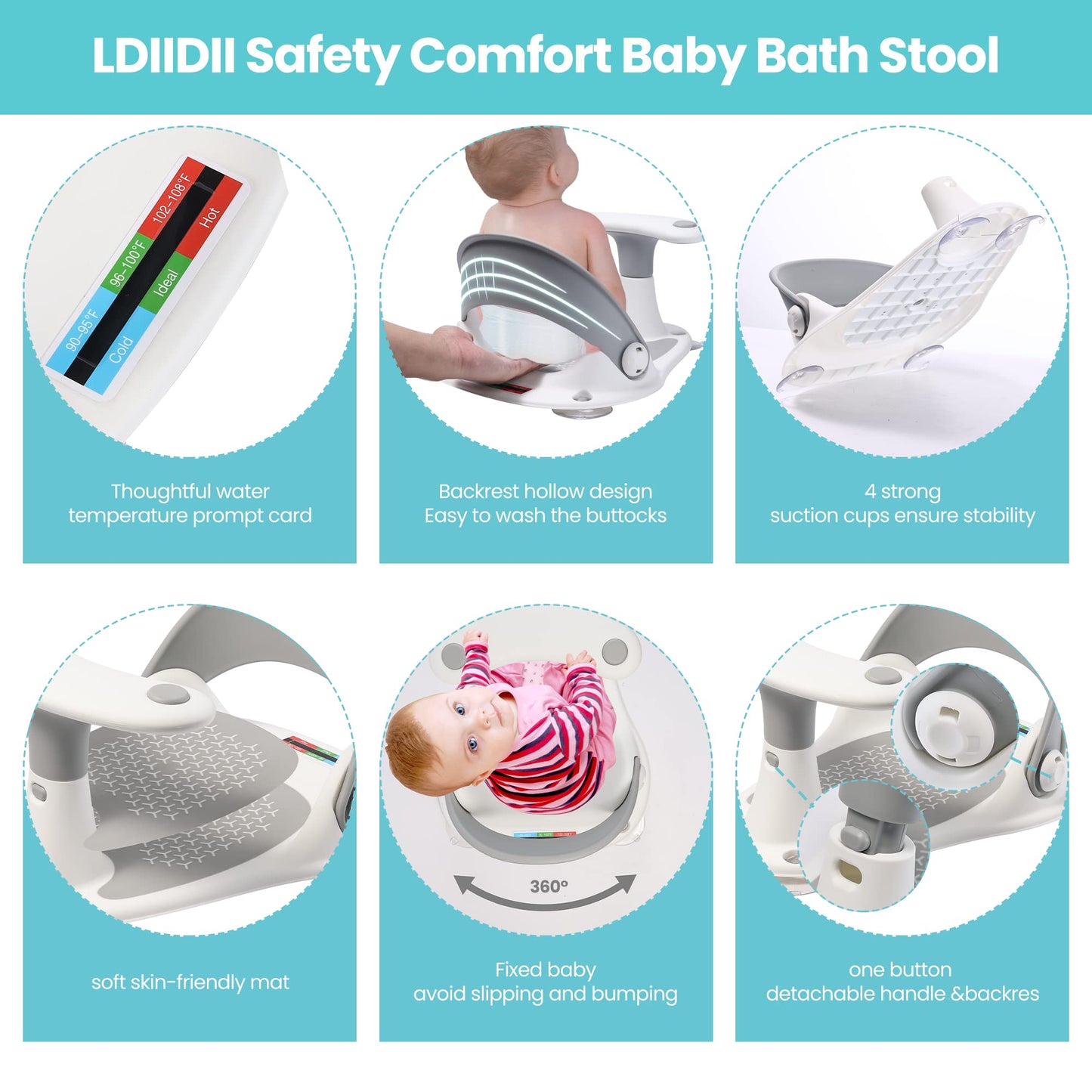 Baby Bath Seat LDIIDII Baby Bathtub Seat Infant Bath Seat for Babies 6 Months&Up Sit Up Bathing in Tub,Toddler Bath Seat with Water Thermometer/4 Strong Suction Cup/3 Bath Toys/Shower Cap (Grey)