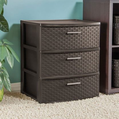 Sterilite 3 Drawer Wide Weave Storage Tower, Plastic Decorative Drawers to Organize Clothes in Bedroom, Closet, Brown with Brown Drawers, 1-Pack