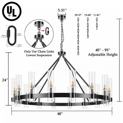 48" Black Wagon Wheel Chandelier with Glass Shade