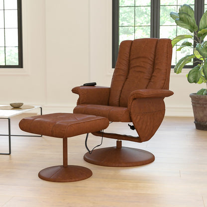 Flash Furniture Hall Massaging Heat Controlled Adjustable Recliner and Ottoman with Wrapped Base in Brown LeatherSoft