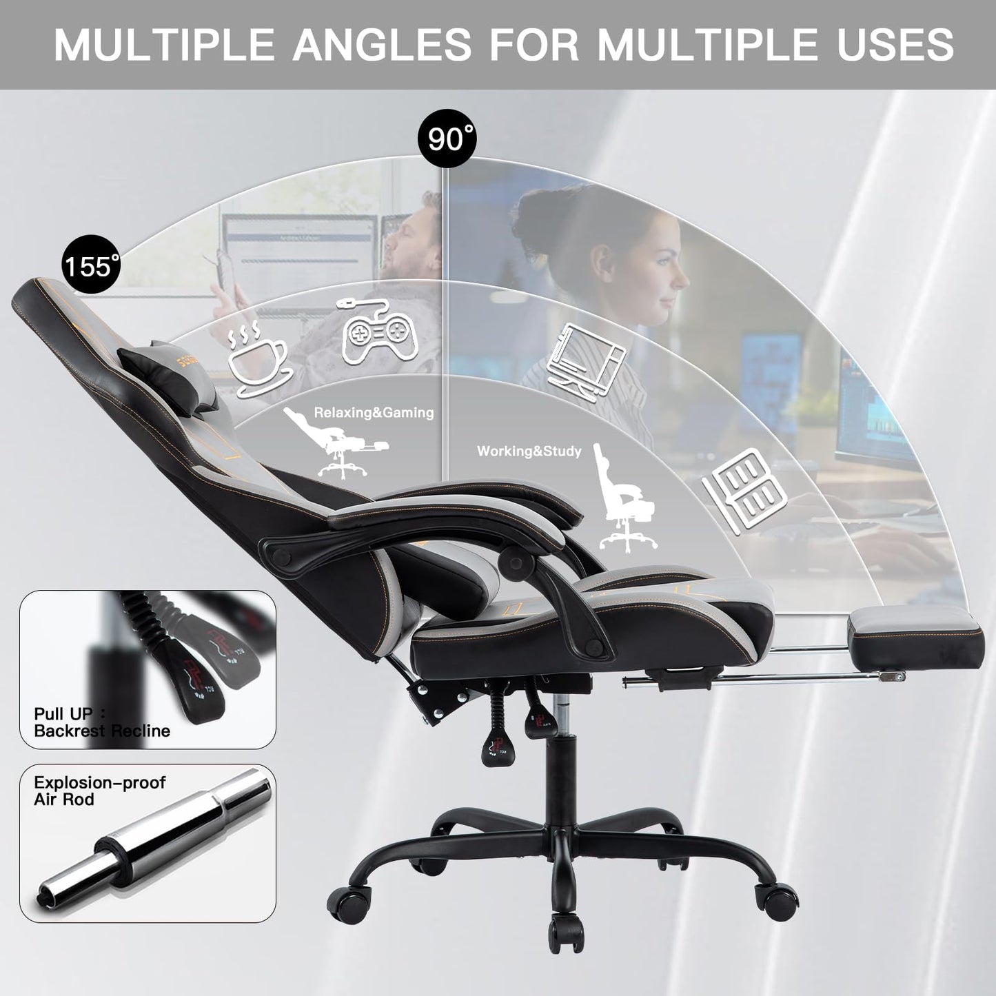 Video Gaming Chair with Footrest, Ergonomic Game Chair with Lumbar Support, Height Adjustable Swivel Racing Gaming Massage Chair, Reclining Computer Office Desk Chair for Adults