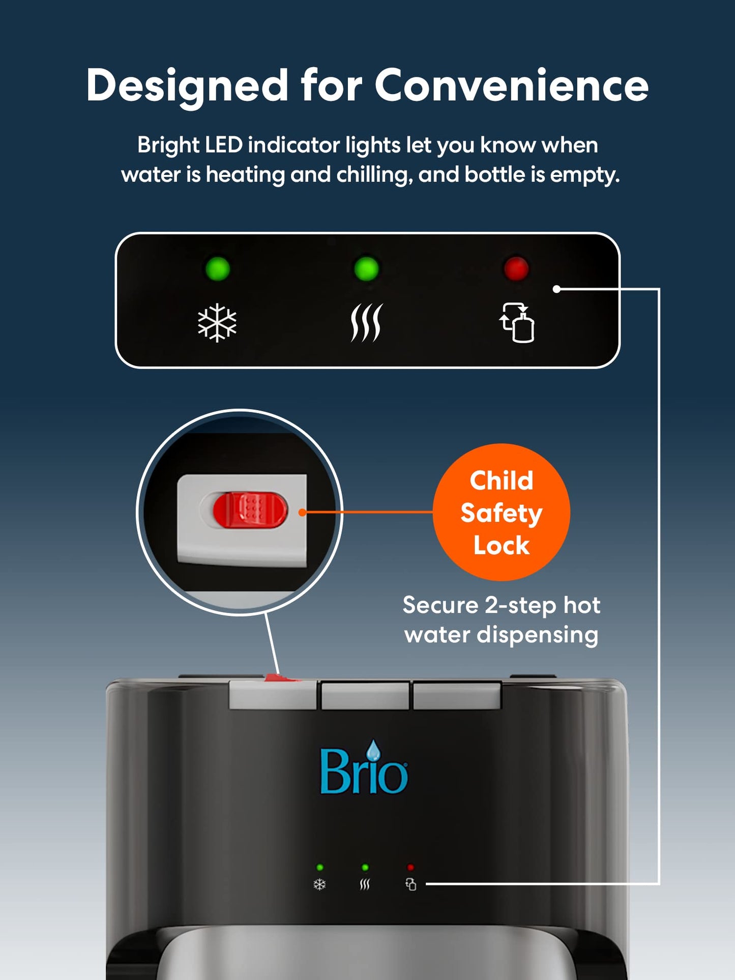 Brio Bottom Loading Water Cooler Dispenser for 5 Gallon Bottles - 3 Temperatures with Hot, Room & Cold Spouts, Child Safety Lock, LED Display with Empty Bottle Alert, Stainless Steel