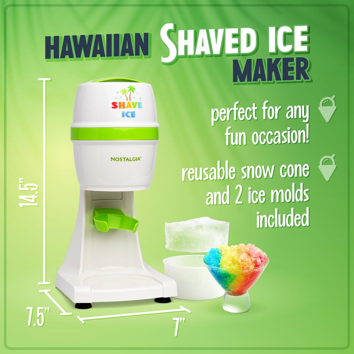 Nostalgia NESHVICE3HSID1 Snow Cone Shaved Retro Table-Top Slushie Machine-Includes 1 Reusable Plastic Cup and Ice Molds, White, Green