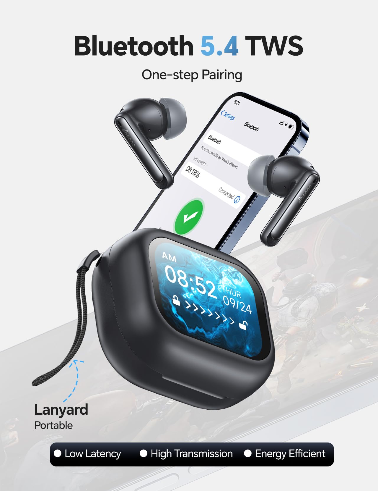 Wireless Bluetooth Earbuds: White Elephant Gifts Stocking Stuffers for Adults/Teens/Men, 13mm Drivers Hi-Fi Deep Bass, 30H Playtime, Touchscreen Control, Mic for Calls, IPX5 Water-Resistant, Black