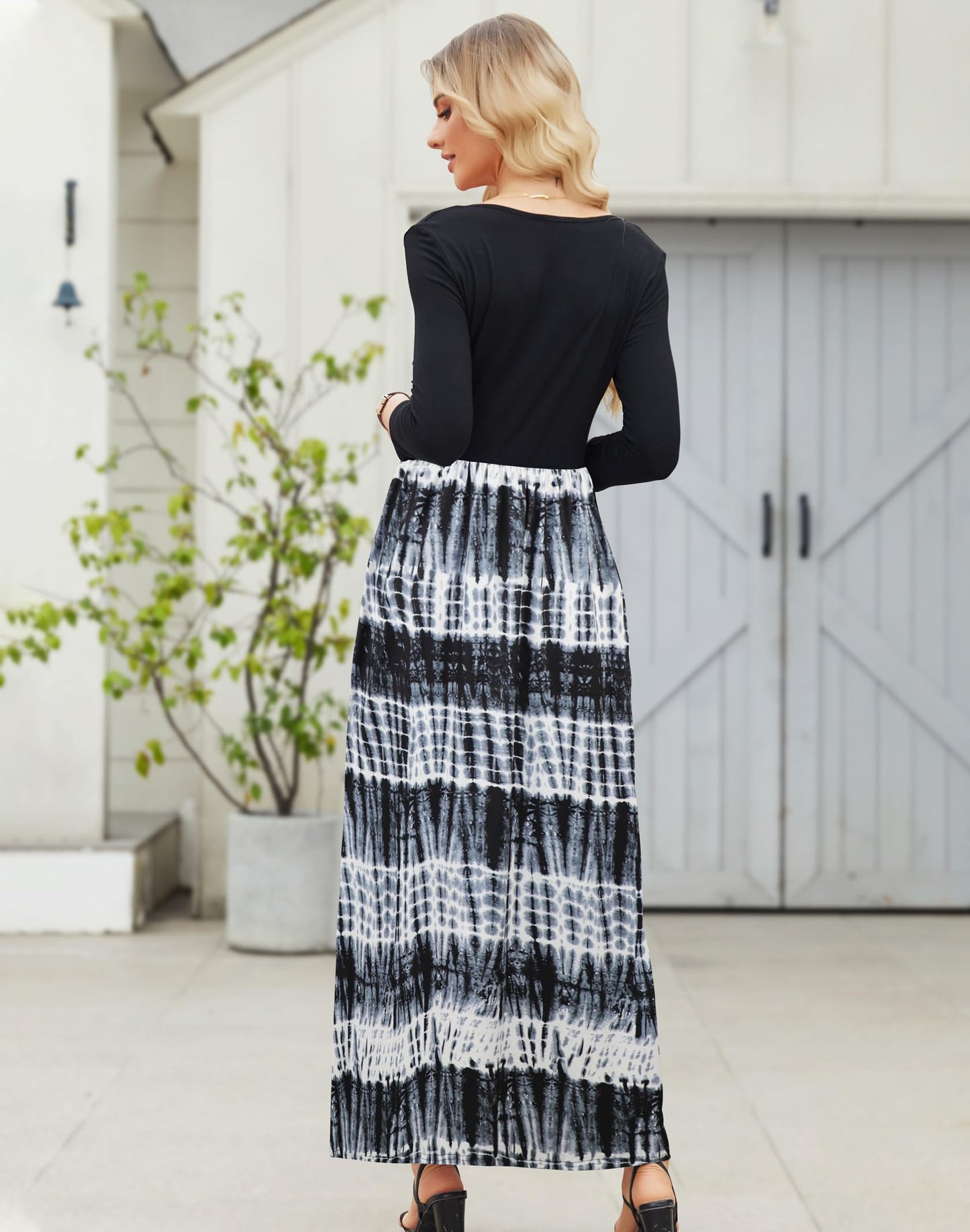 Supnier Women's Casual Tie Dye Maxi Dresses Long Sleeve Long Maxi Dresses with Pockets Plus Size (Floral 3,XXL)