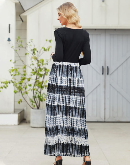 Supnier Women's Casual Tie Dye Maxi Dresses Long Sleeve Long Maxi Dresses with Pockets Plus Size (Floral 3,XXL)