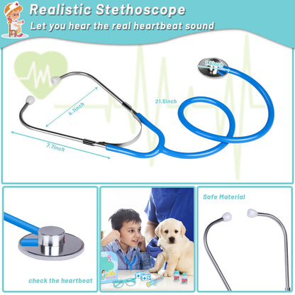 Magic4U Kids Doctor Costume Kit with Real Working Stethoscope and Carry Case, 34 Pieces Pretend-n-Play Realistic Medical Dr Toys for Toddler Boys Girls