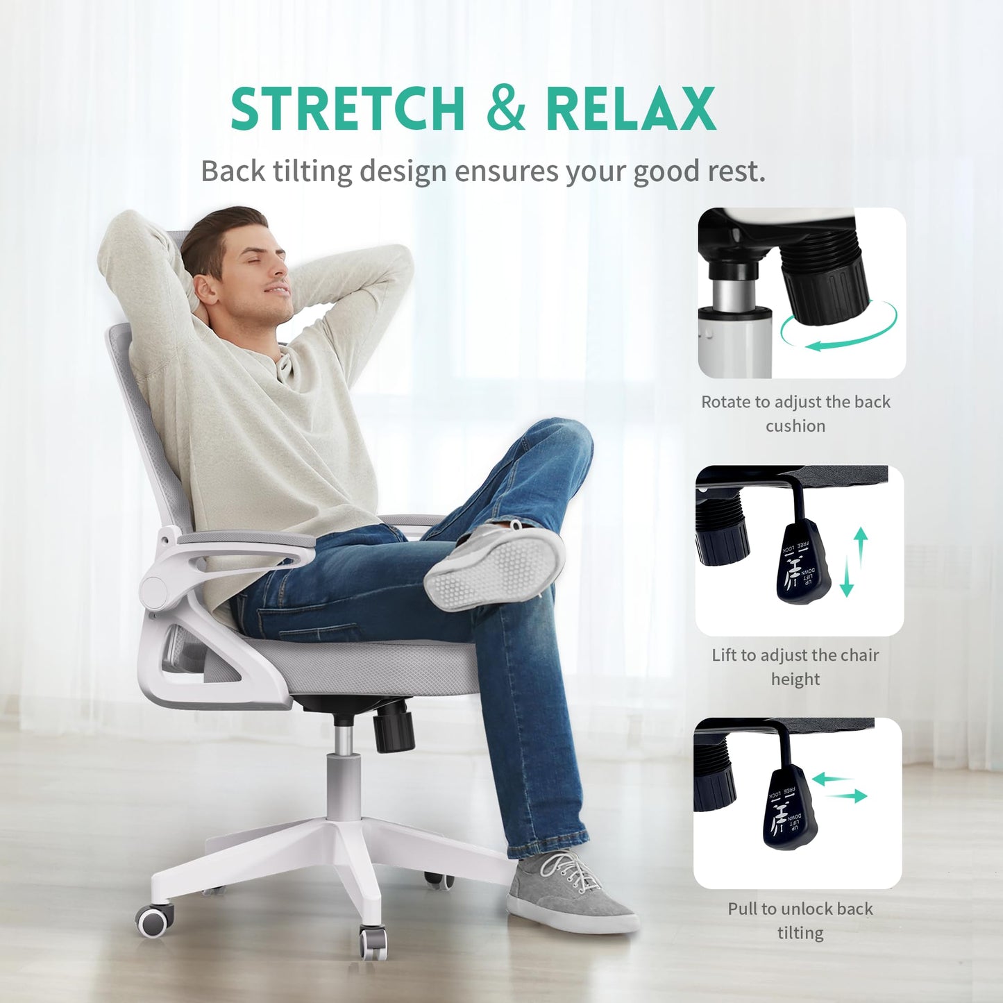 Ergonomic Office Chair, Adjustable Lumbar Support & Rotatable Headrest, 90° Flip-Up Armrests – Breathable Mesh Desk Chair with Thickened Cushion, 360 Swivel – Easy Assemble for Home/Gaming/Office