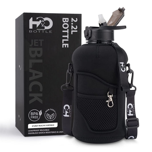 H20 Bottle 2.2 L Half Gallon Water Bottle with Straw Insulated | BPA Free Water Jug with Sleeve, Carry Strap and Handle for Hydration, Leak Proof, Reusable, Workout Bottle – Deep Black (74 Ounce)