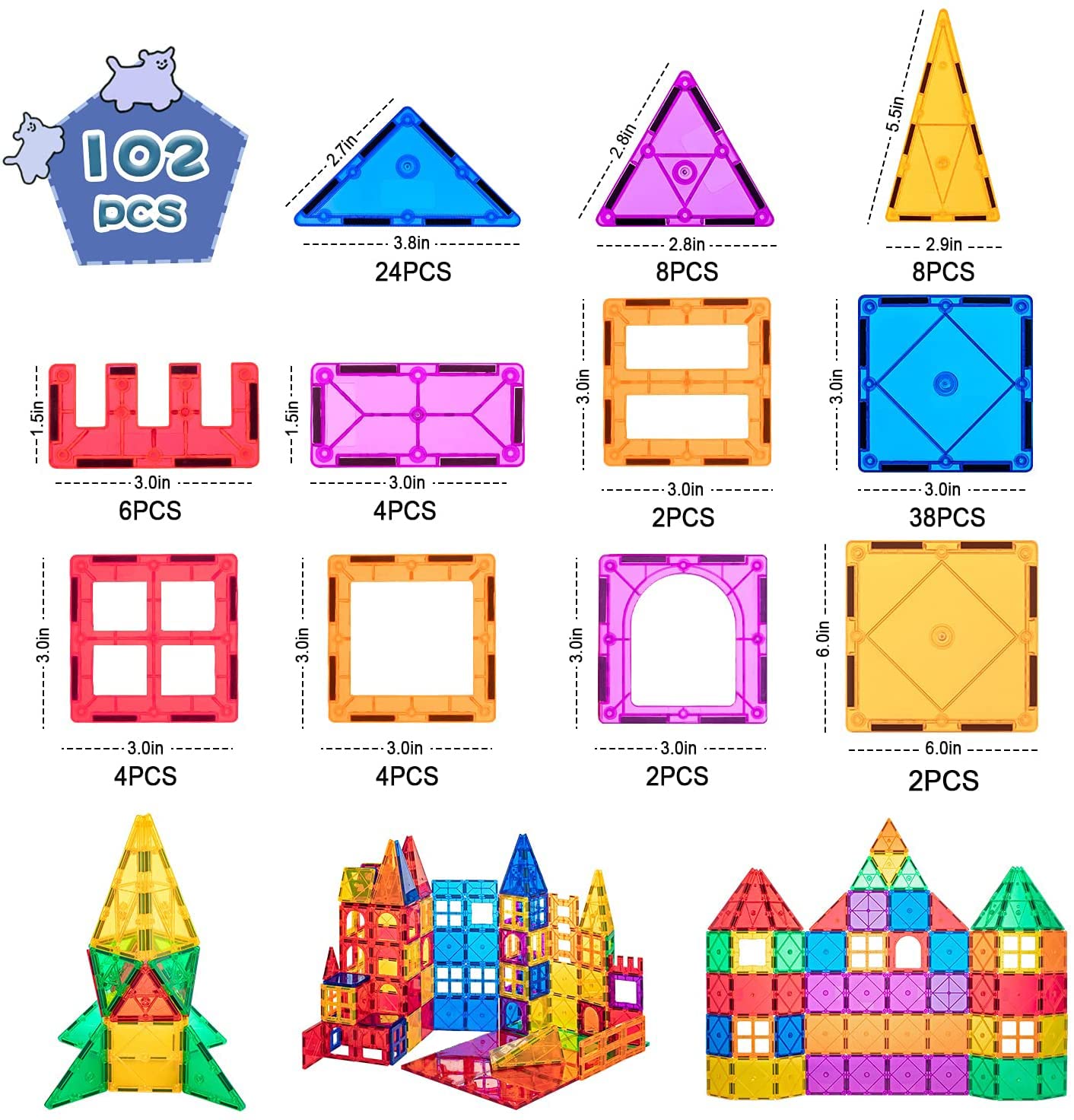 102 PIECES Compatible Magnetic Tiles Building Blocks Stem Toys for 3+ Year Old Boys and Girls Montessori Toys Toddler Kids Gifts Parents Approved Sensory Toys