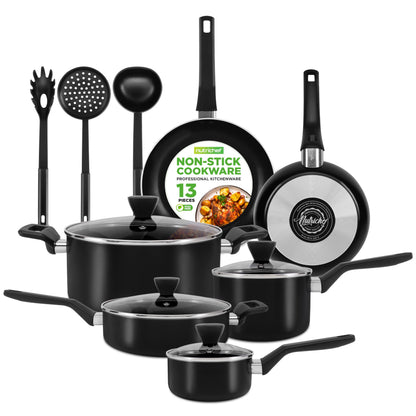 NutriChef 13-Piece Nonstick Cookware - Heat Resistant Kitchen Ware Set w/Saucepan, Frying Pans, Cooking Pots, Casserole, Lids, Ladle, Fork, Strainer - NCCWA13, Black