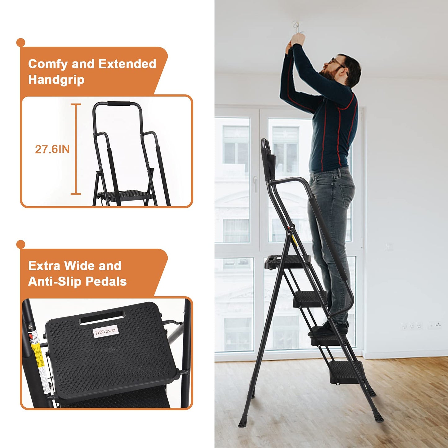 HBTower Folding Step Ladder with Handrails