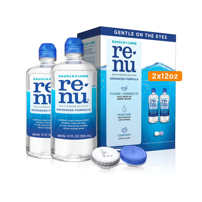 Renu Contact Lens Solution, Advanced Formula, 12 Fl Oz (Pack of 2), Conditions & Hydrates Lenses, 20 Hours Moisture, 3 Disinfectants, For Soft & Silicon Hydrogel Lenses