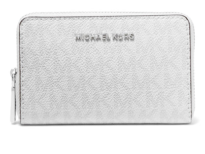 Michael Kors Women's Jet Set Small Zip Around Card Case, Optic White/Aluminum