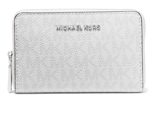 Michael Kors Women's Jet Set Small Zip Around Card Case, Optic White/Aluminum