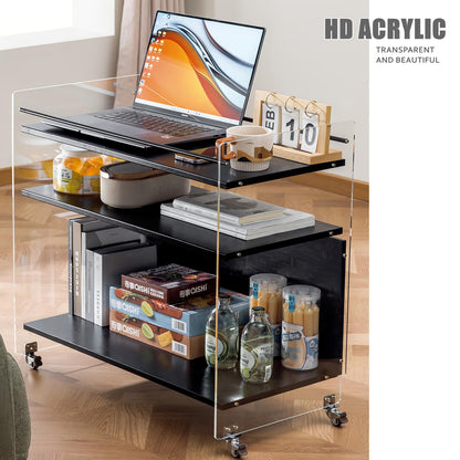 VRFRSX Acrylic Black Bar Cart,Wine Rack Cart,Wine Tea Liquor Shelve,Serving Carts,Kitchen Cart with Lockable Casters, Acrylic Home Furniture,26.4" L x 14.2" W x 27.6" H,3-Tier