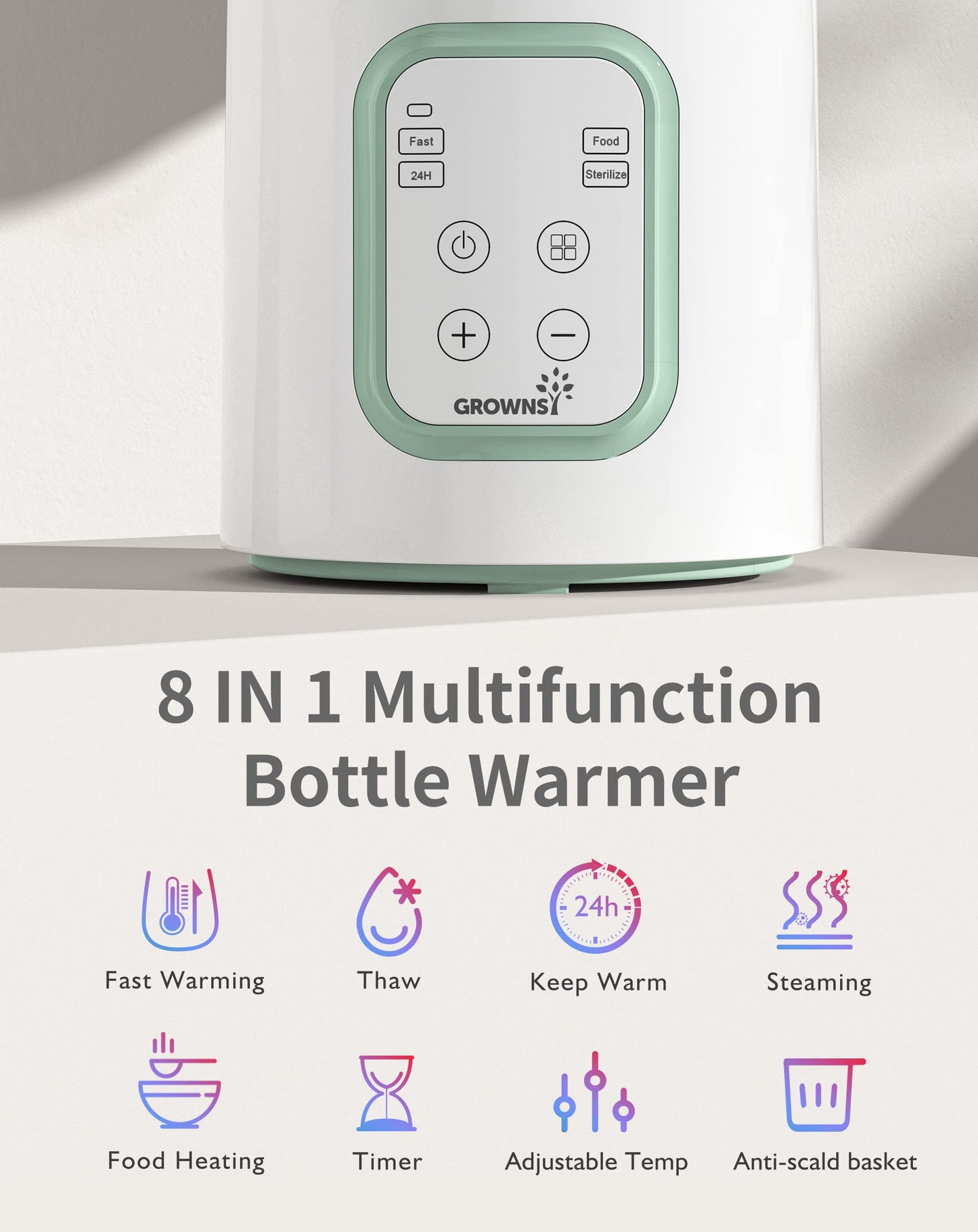 GROWNSY Baby Bottle Warmer, 8-in-1 Fast Baby Milk Warmer with Timer for Breastmilk or Formula, Accurate Temperature Control, 24H Keep, Food Heater&Defrost BPA-Free Bottle Warmer for All Bottles- Green