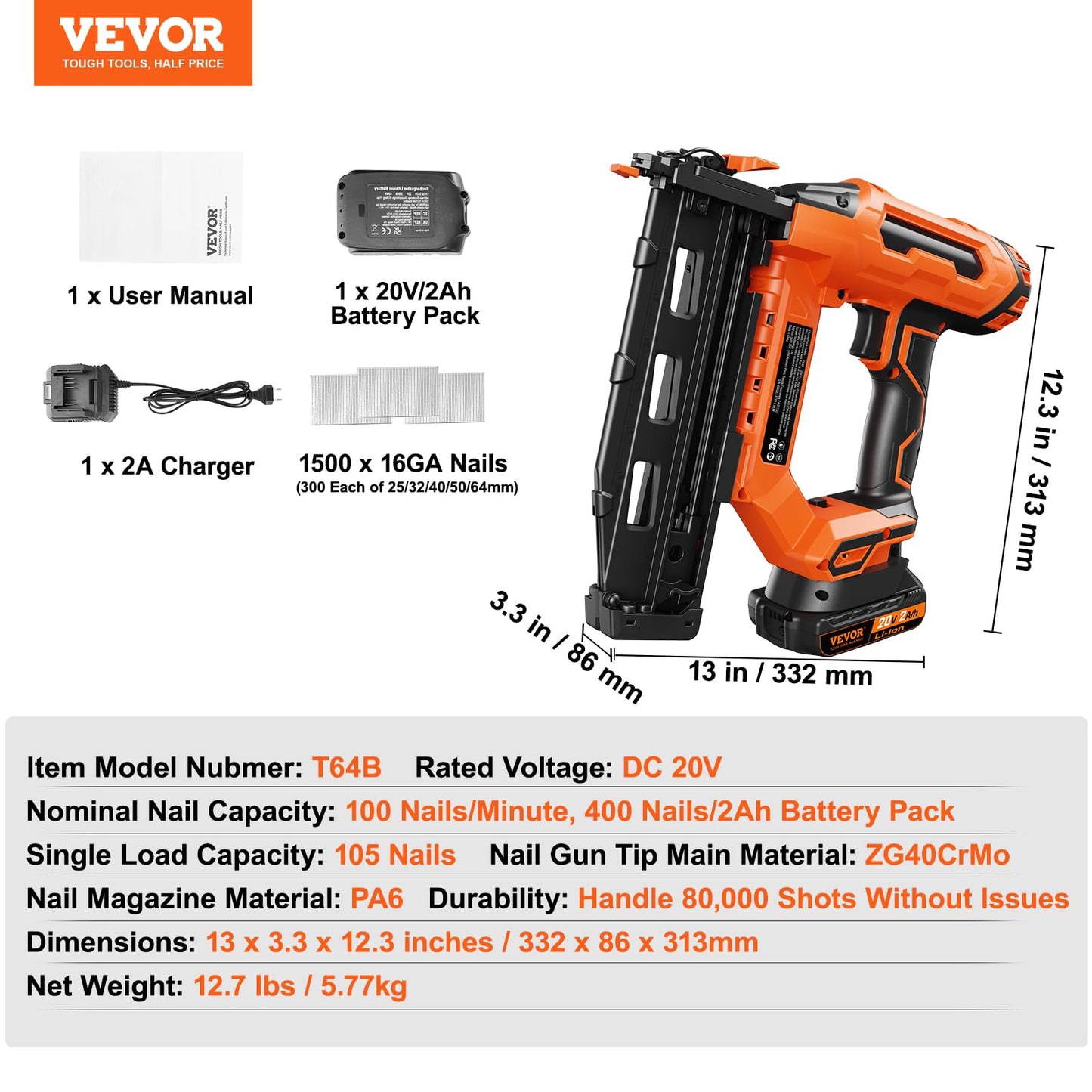 VEVOR Cordless Finish Nailer, 20V Cordless Brad Nailer Kit with 16Ga Nails, Battery and Charger, Tool-free Jam Release Battery Powered Nail Gun, Framing Nail Gun for Upholstery and Home Improvement