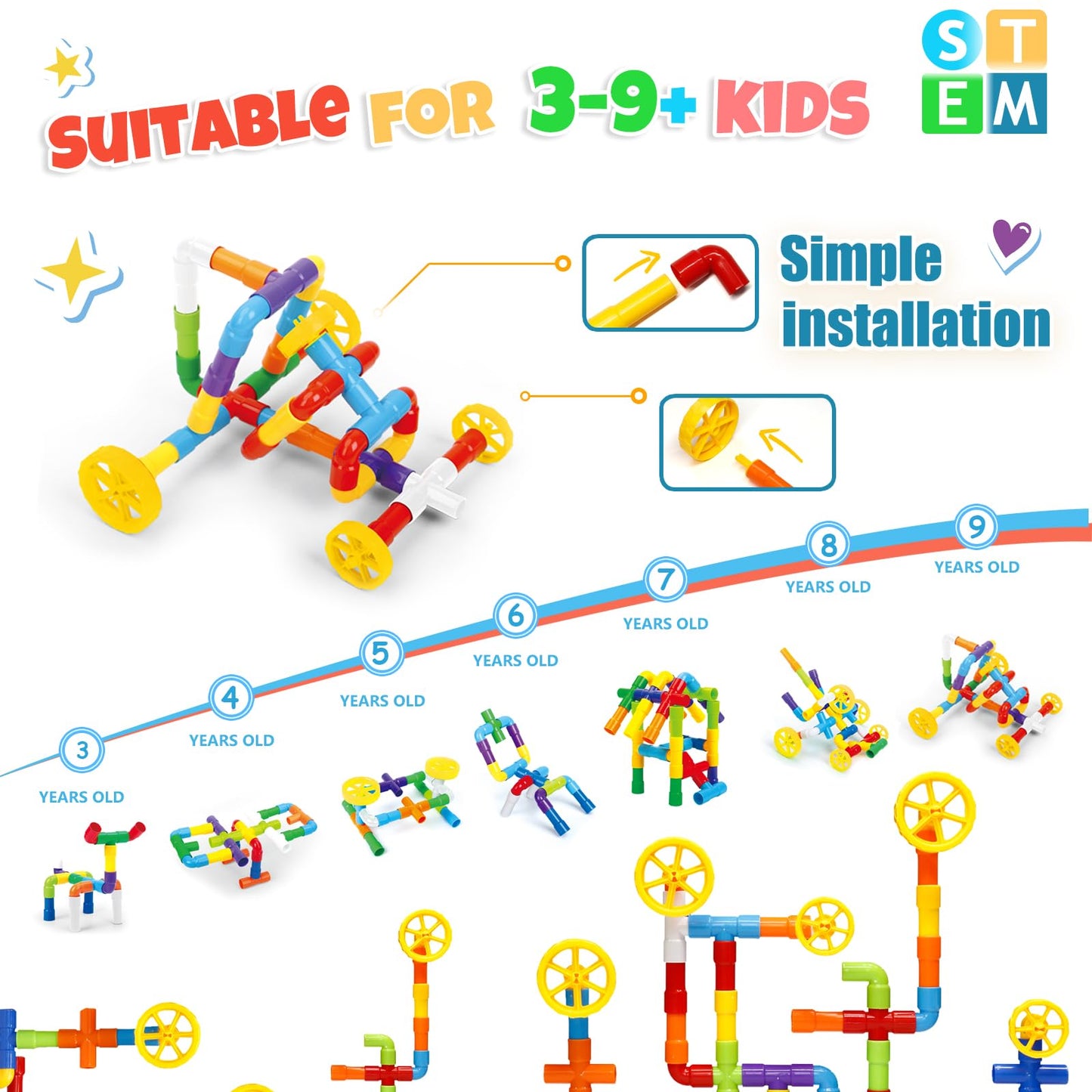 STEM Building Toy for Toddlers 106Pieces Tube Pipe Toy,Educational Preschool Game for 3+ Years,Learning Building Blocks Play with Storage Box Gift Kit,Montessori Toys for Boys & Girls