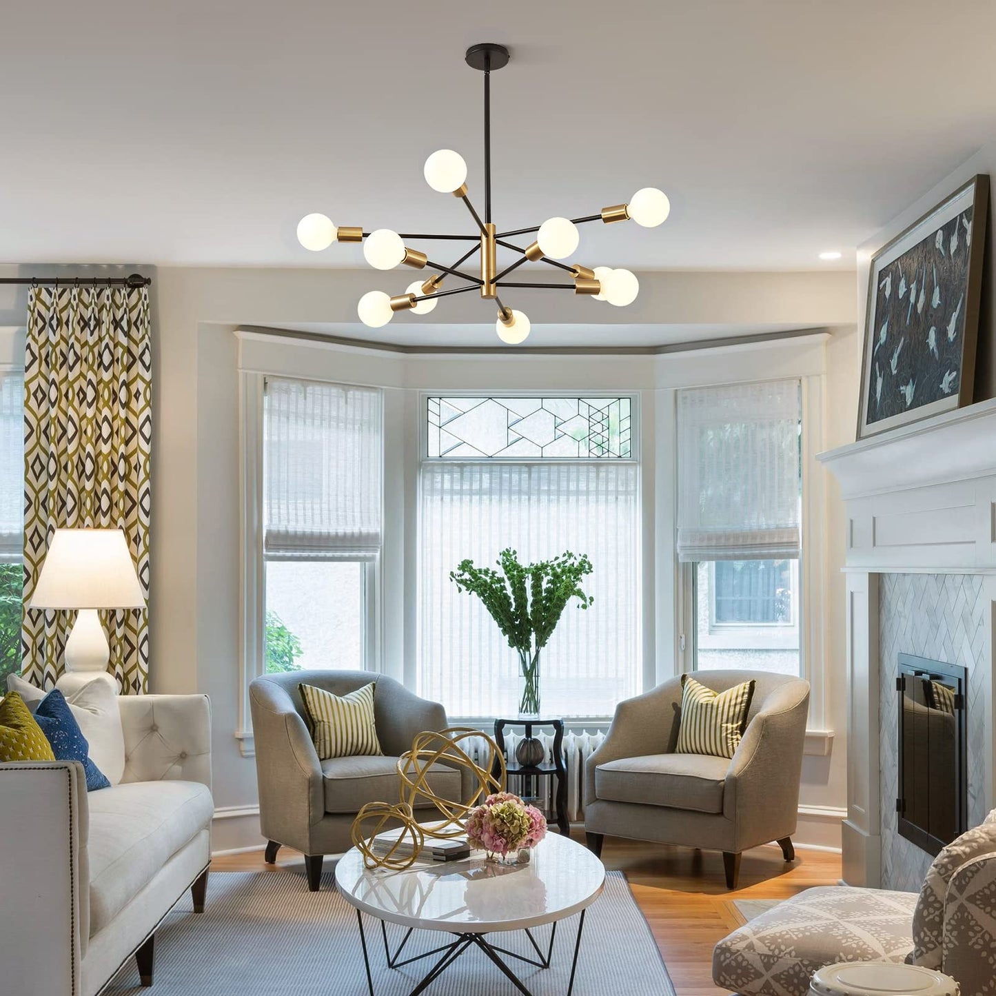 10-Light Modern Black and Gold Chandelier Pendant